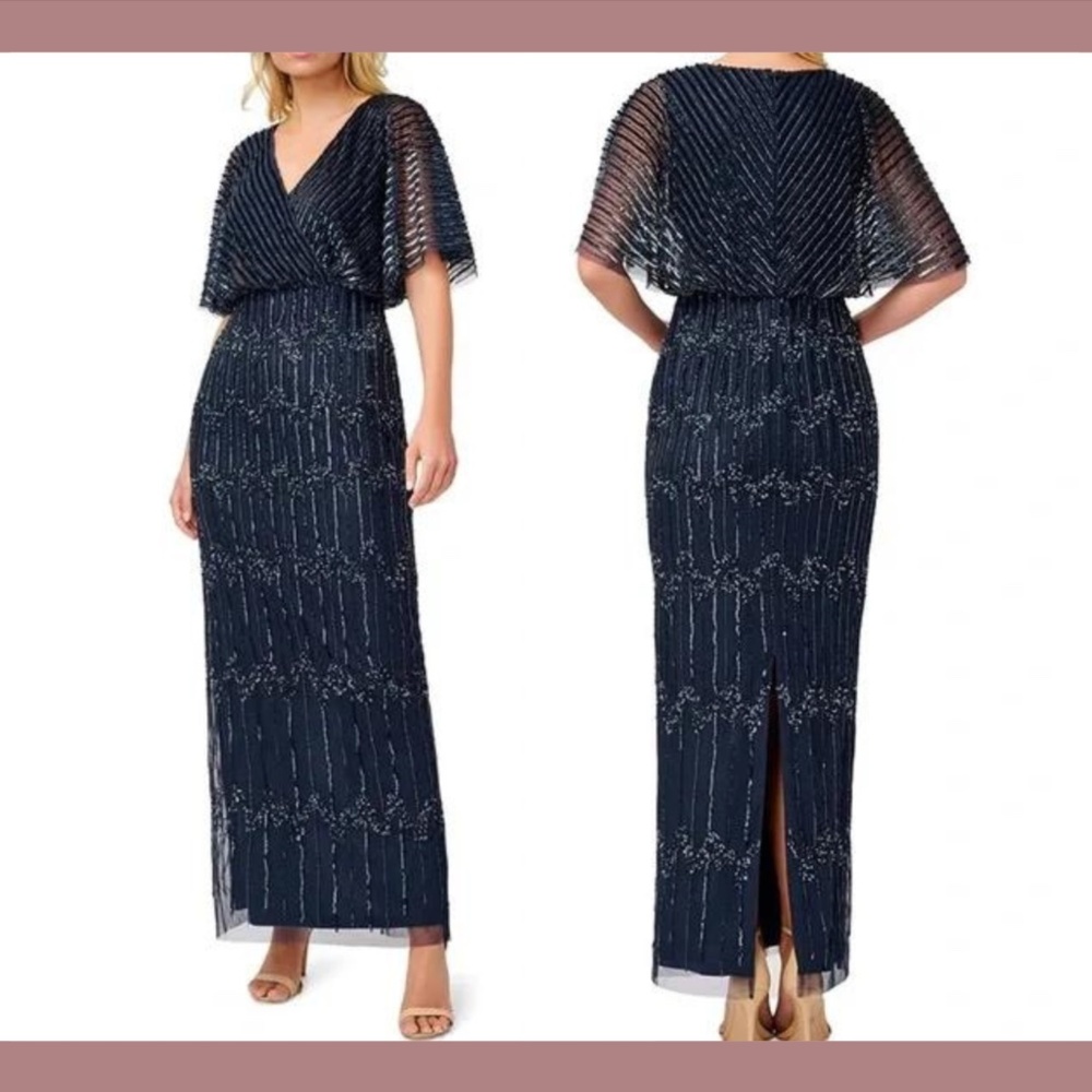 NWT $329‎ Adrianna Papell [ 8 ] Beaded Blouson Flutter Sleeve V-Neck Gown Blue